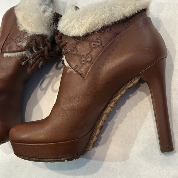 GUCCI MARMONT LOGO cognac LEATHER ANKLE BOOTS FAUX FUR TRIM WOMEN’S Size 7 / 37 - Picture 8 of 11